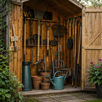 Garden tools in a wooden shed